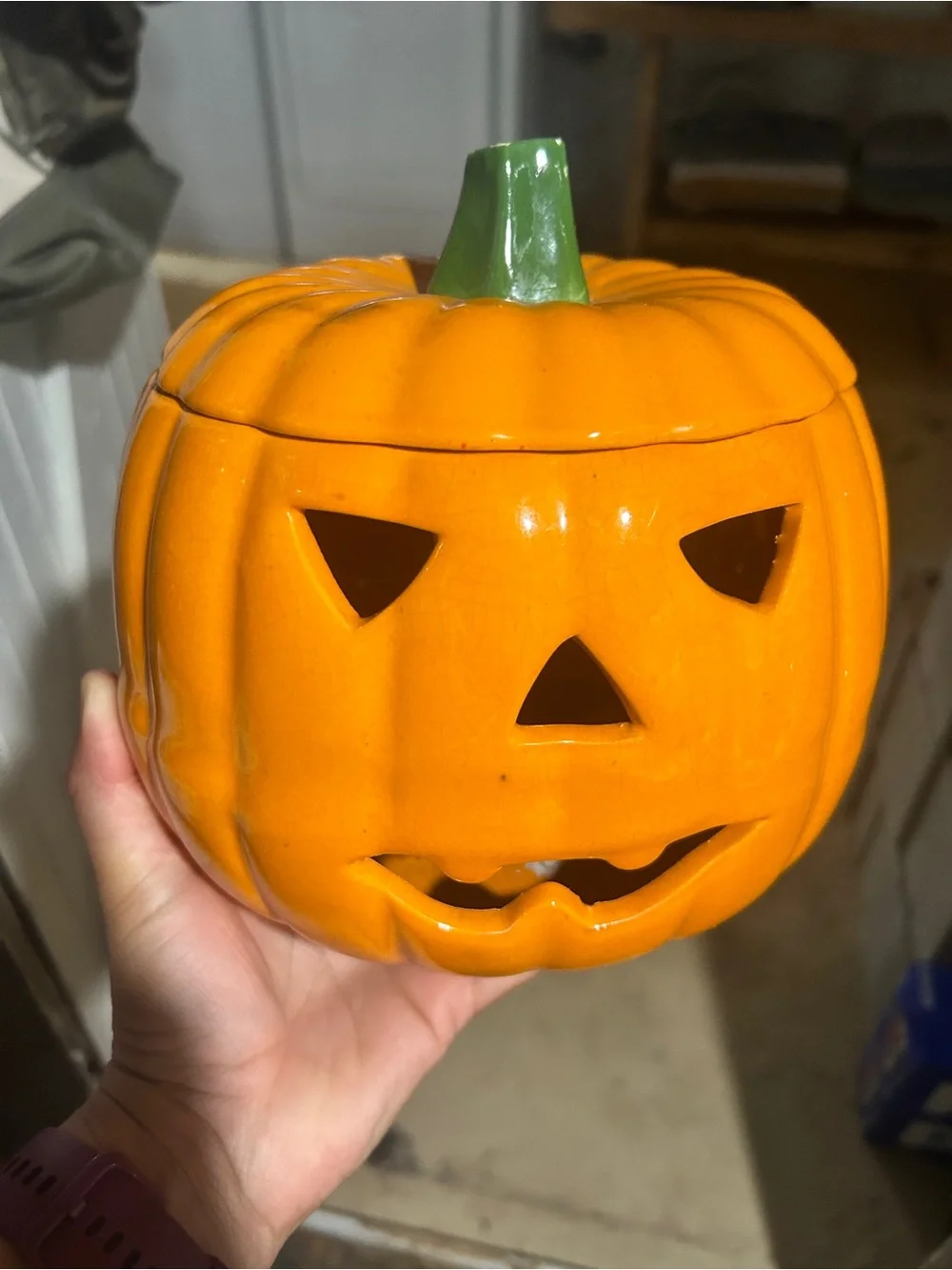 Orange Ceramic Pumpkin Jack-O'- Glass Lantern